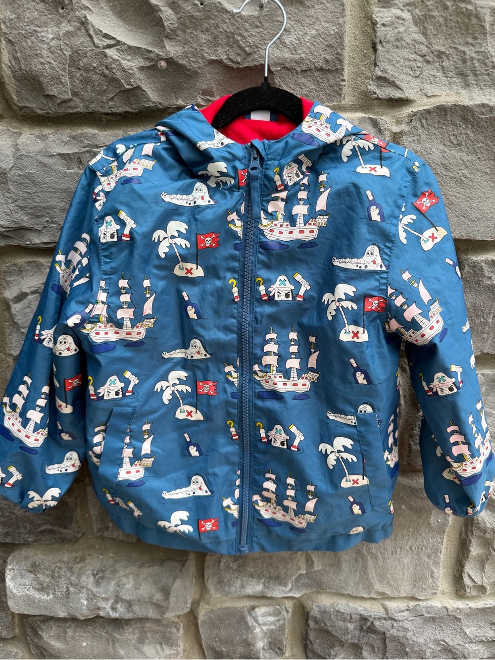 Kids Blue Pirate Print Color Changing Hooded Rain Jacket
